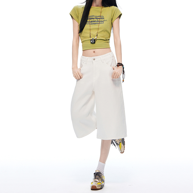 白色牛仔七分褲女夏季2026年新款美式高腰寬松百搭直筒闊腿褲中褲