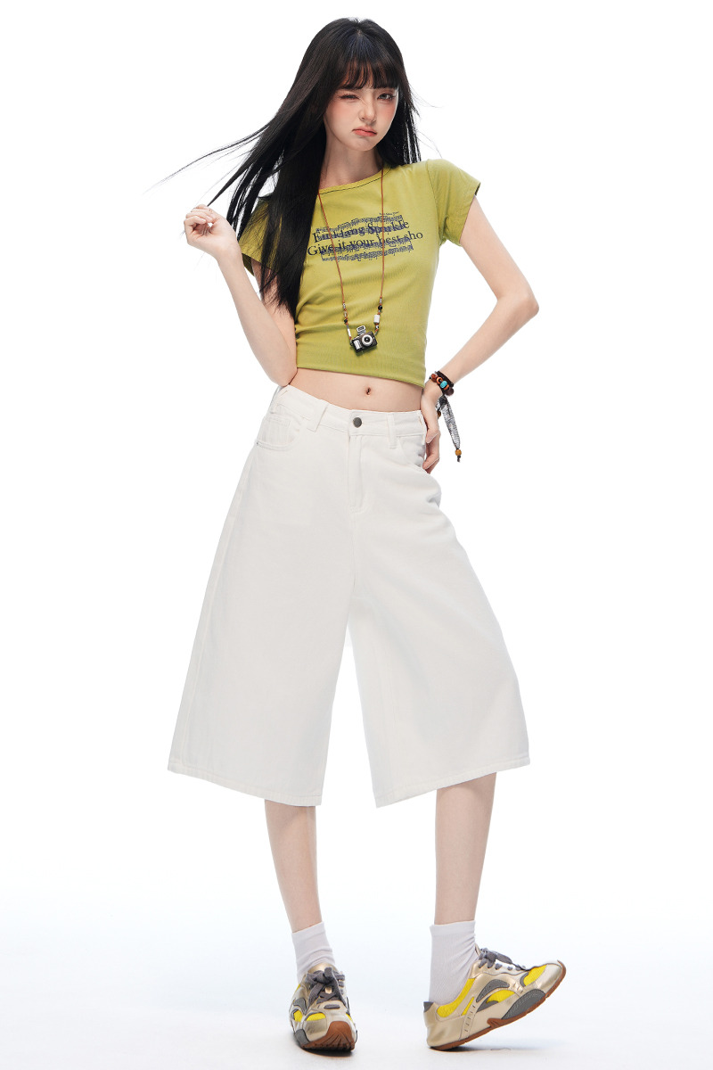 白色牛仔七分褲女夏季2026年新款美式高腰寬松百搭直筒闊腿褲中褲
