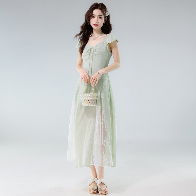 MY9131# 茶歇法式气质温柔风连衣裙女夏季新款蕾丝拼接独特绝美小裙子女裝貨源服裝批發