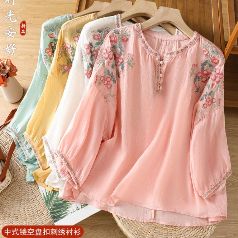 RY865# 复古民族风重工刺绣苎麻衬衫女薄款灯笼袖亚麻娃娃衫宽松棉麻上衣
