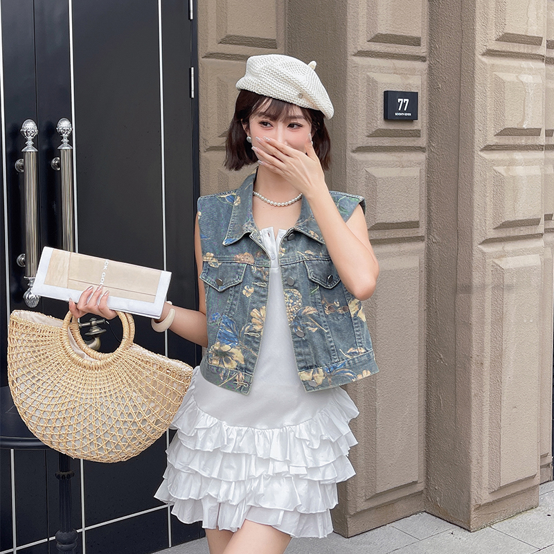 FA35317# 拔色印花牛仔马甲 服裝批發女裝批發服飾貨源