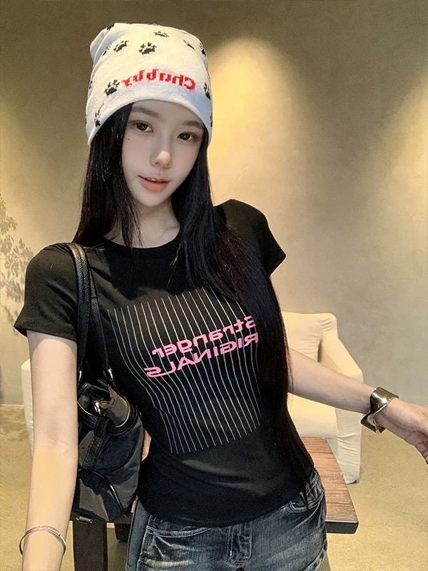 MY11006# 印花+40支纯棉92棉8氨纶特大码女装200斤甜酷字母高级T恤女裝貨源服裝批發