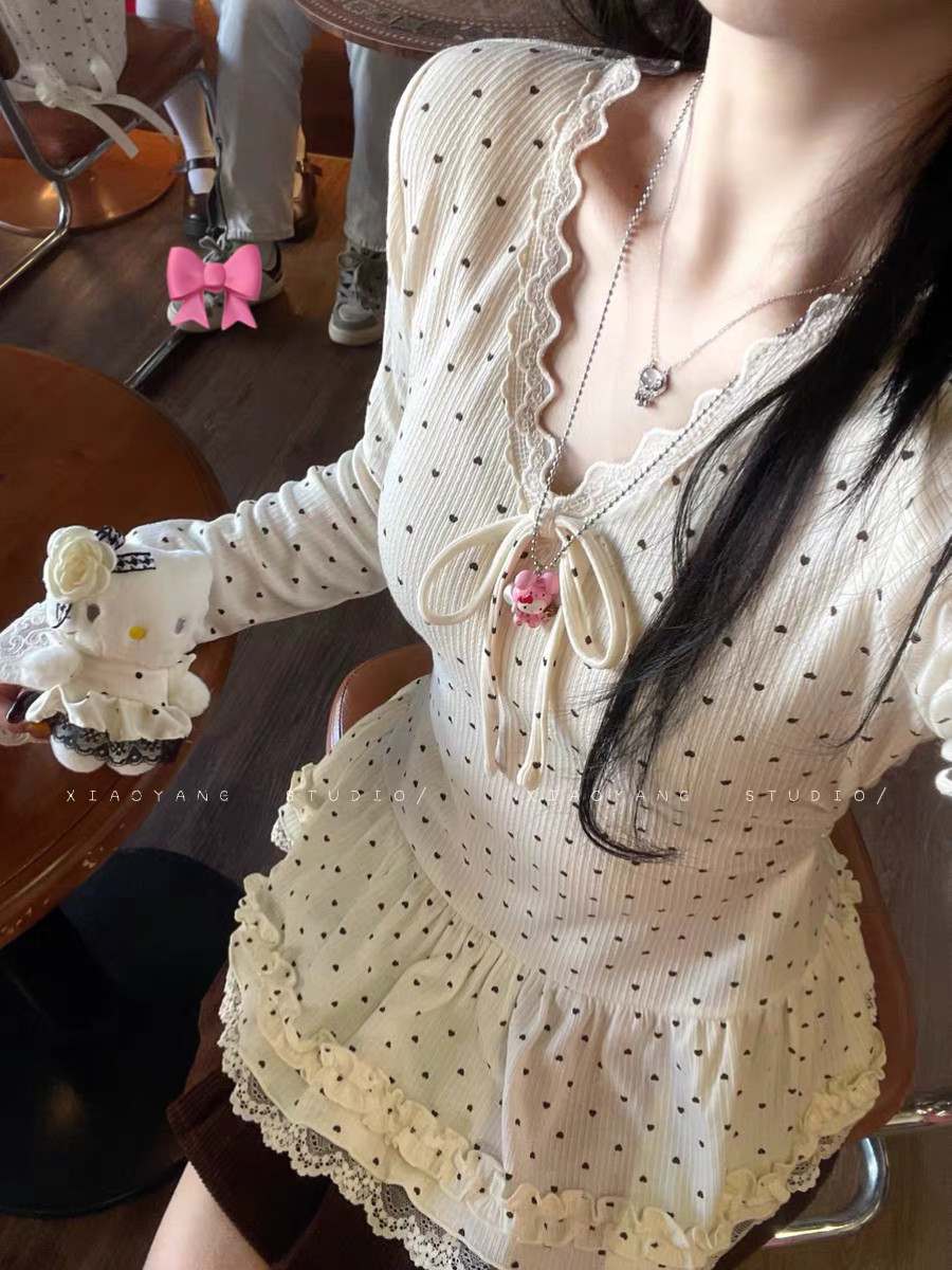 MY17750# 45人棉25锦纶25涤5氨纶蝴蝶结波点蕾丝花边T恤打底女...