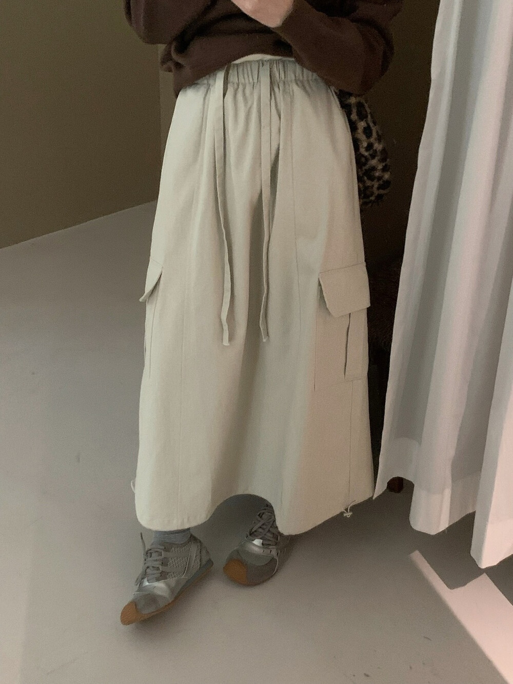 2025秋季韩系休闲工装半身裙抽绳中长款a字裙女