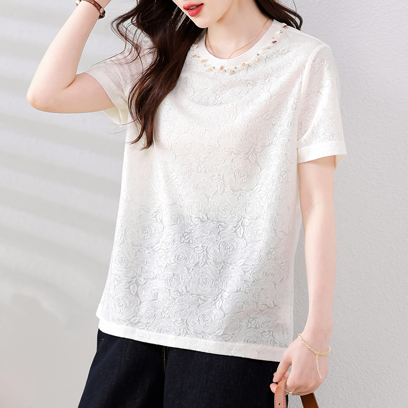 MY14857# 实拍 圆领钉钻提花白色短袖T恤2025夏季韩版简约百搭休...