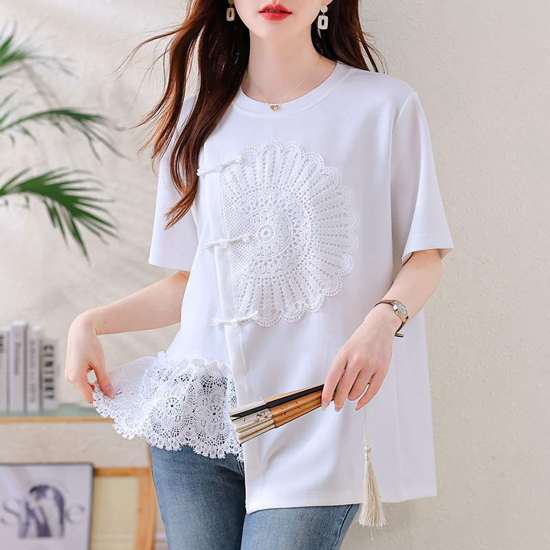 MY14856# 实拍 新中式蕾丝短袖T恤女2025夏季新款气质小衫大码上...