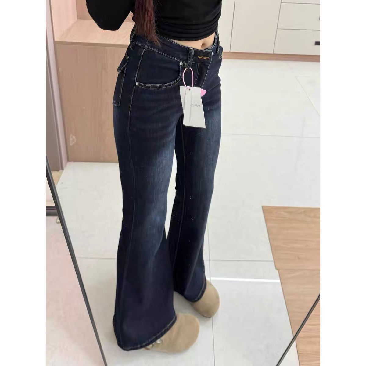 美式辣妹微喇牛仔褲女設計感小眾春季顯瘦修身百搭彈力喇叭拖地褲