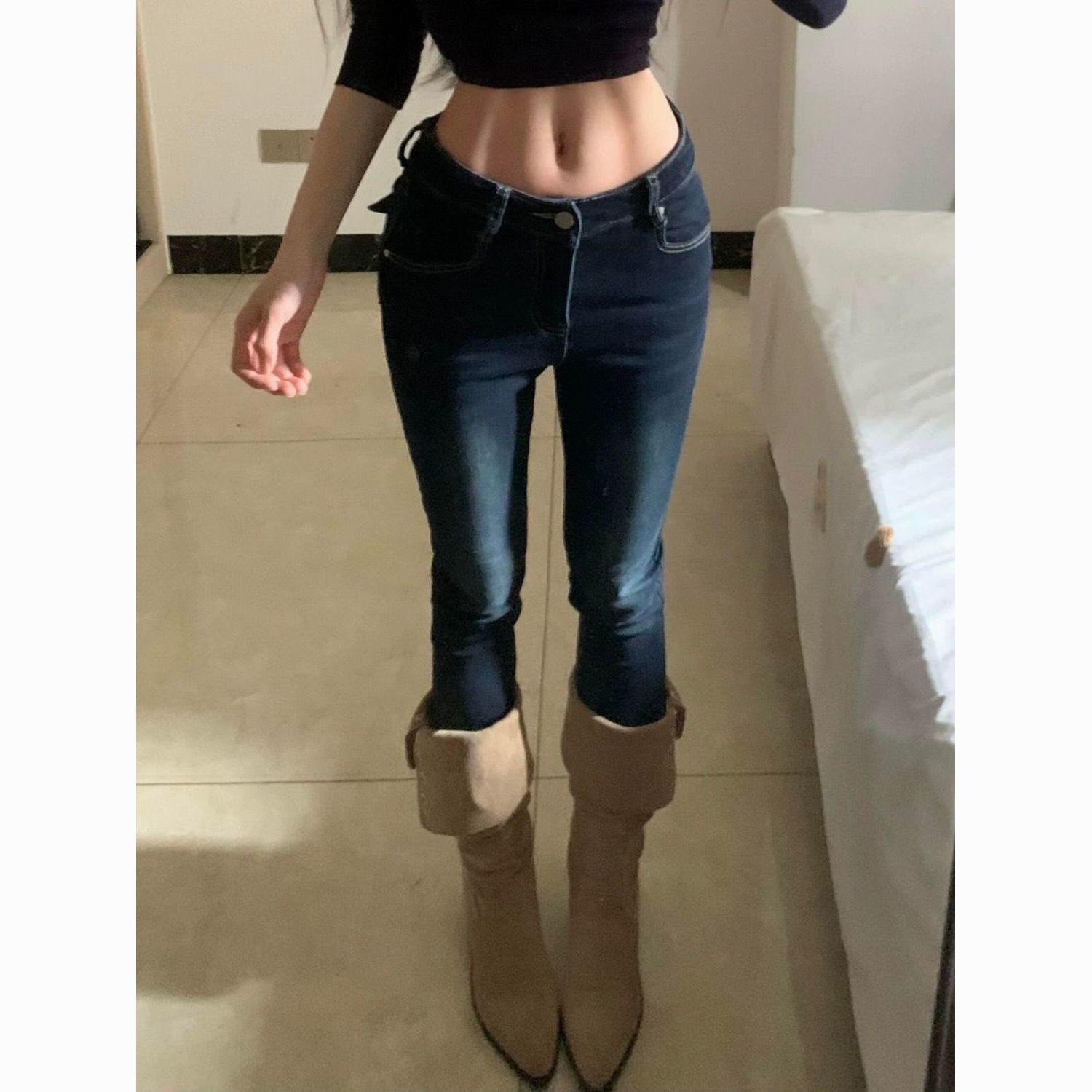 彈力款好面料～深藍色牛仔褲新款女裝美式辣妹低腰緊身褲小腳褲
