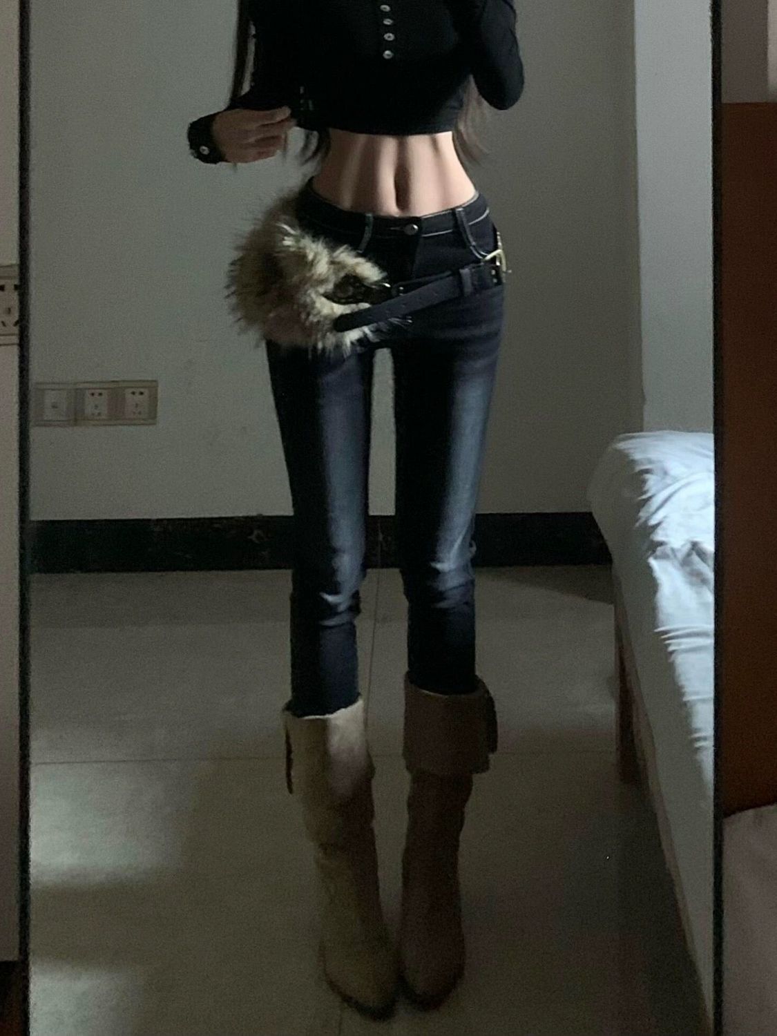 彈力款好面料～深藍色牛仔褲新款女裝美式辣妹低腰緊身褲小腳褲
