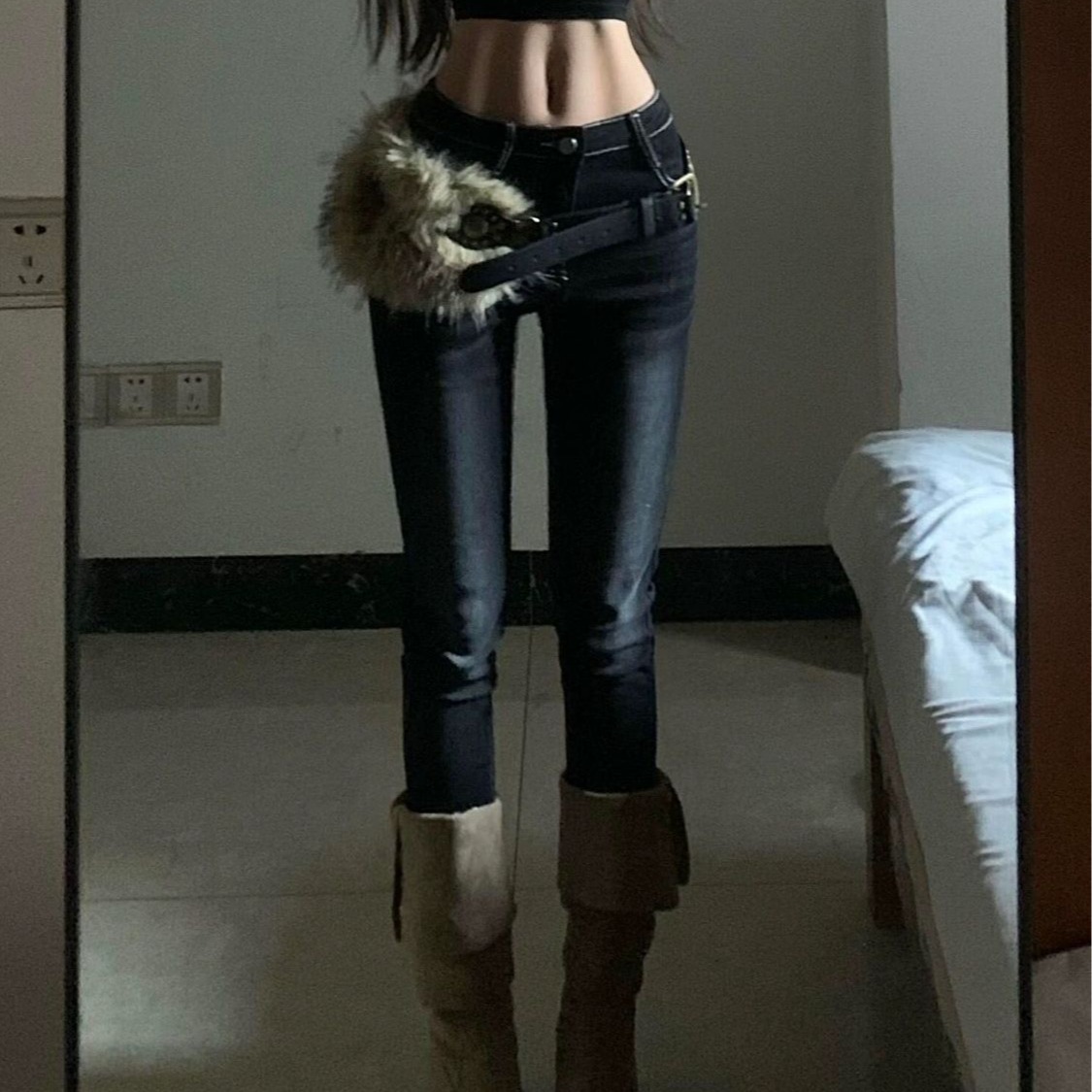 彈力款好面料～深藍色牛仔褲新款女裝美式辣妹低腰緊身褲小腳褲