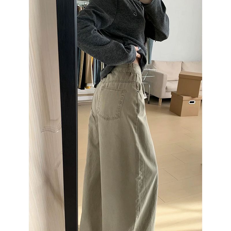 卡其色美拉德褲子女春季新款韓系bf慵懶風闊腿褲百搭顯瘦牛仔褲
