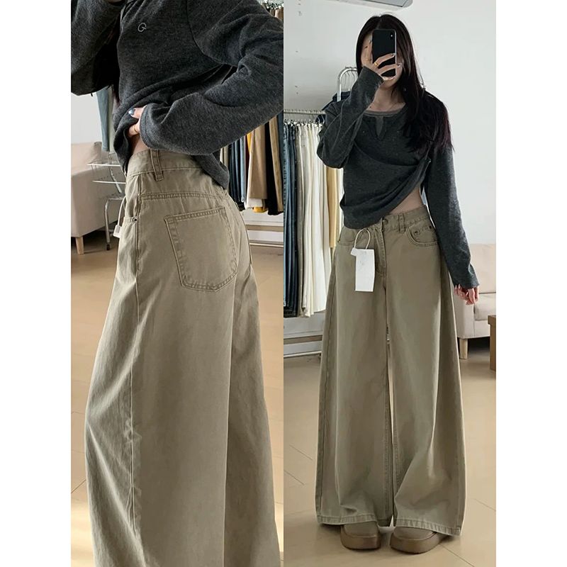卡其色美拉德褲子女春季新款韓系bf慵懶風闊腿褲百搭顯瘦牛仔褲