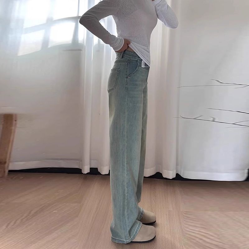 淺藍色闊腿牛仔褲女春秋新款設計感高腰顯瘦百搭垂感寬松直筒長褲