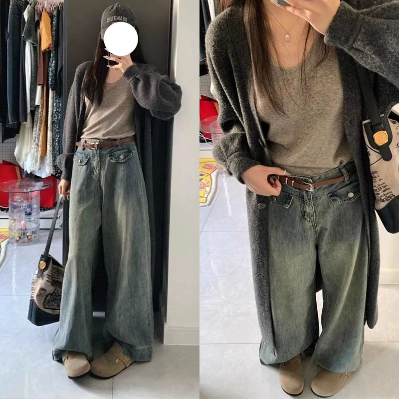 復古氣質闊腿牛仔褲女春秋新款高腰寬松遮肉顯瘦百搭直筒拖地褲子