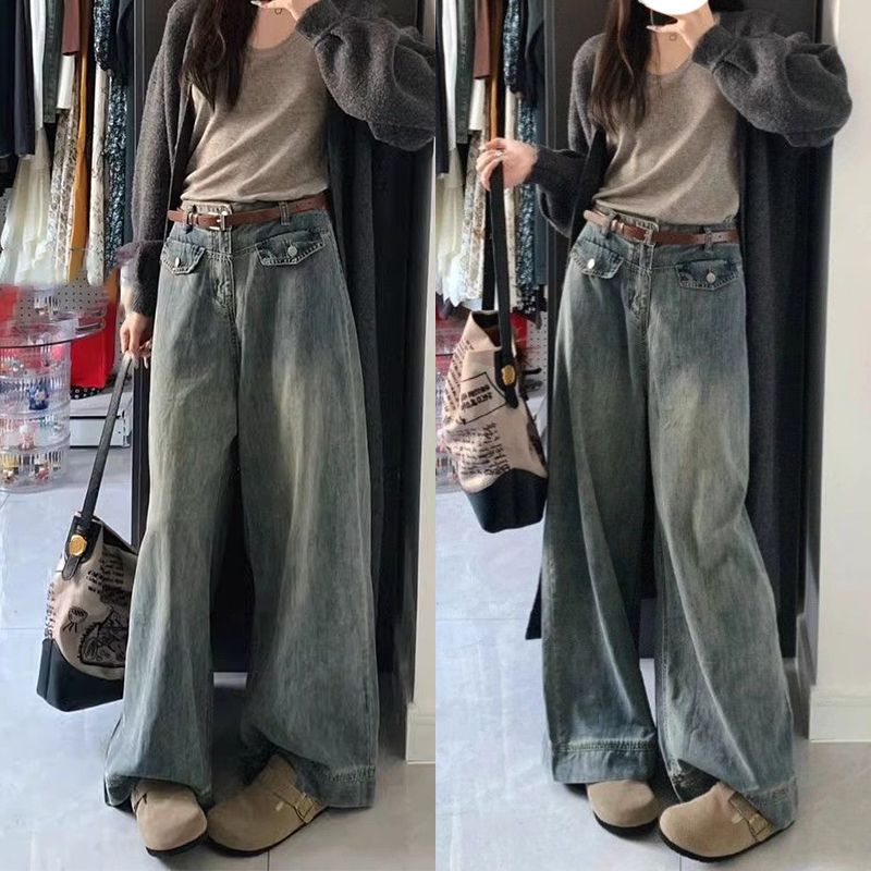 復古氣質闊腿牛仔褲女春秋新款高腰寬松遮肉顯瘦百搭直筒拖地褲子
