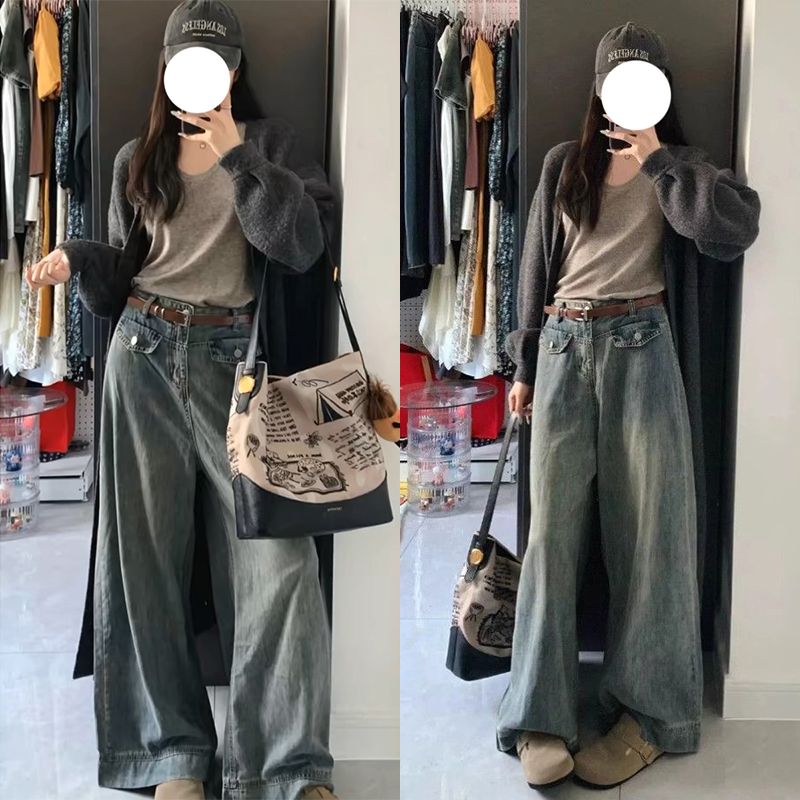 復古氣質闊腿牛仔褲女春秋新款高腰寬松遮肉顯瘦百搭直筒拖地褲子
