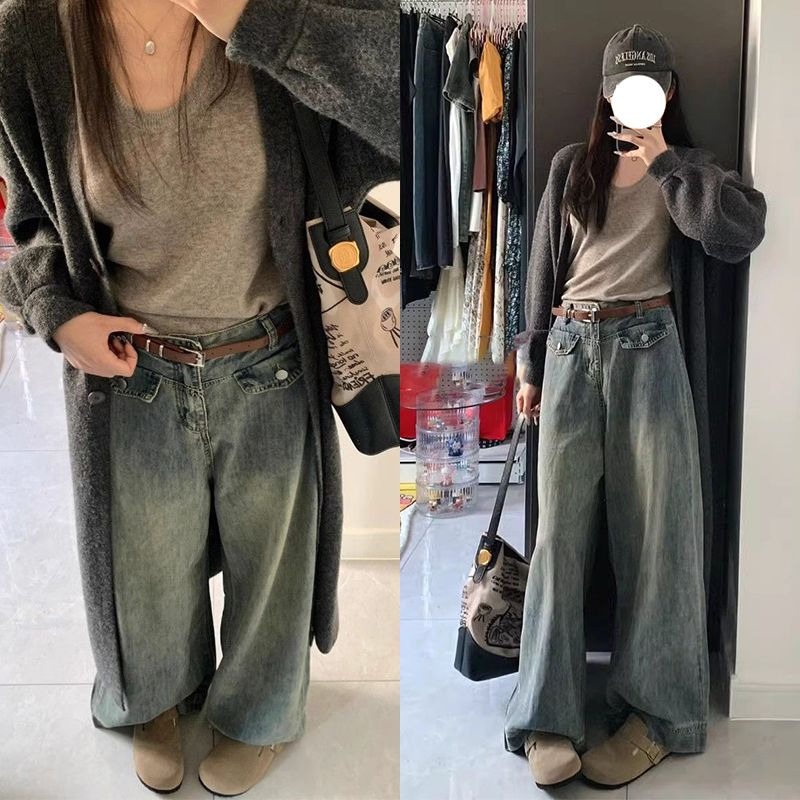 復古氣質闊腿牛仔褲女春秋新款高腰寬松遮肉顯瘦百搭直筒拖地褲子