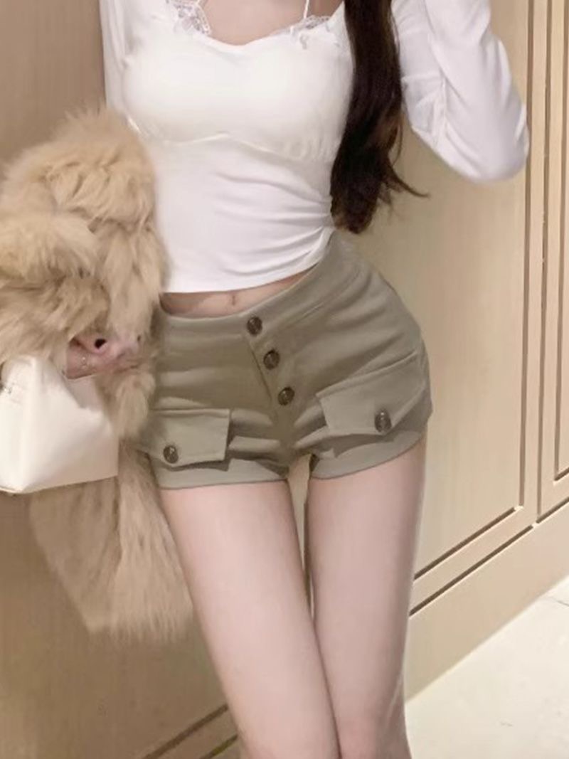 復古辣妹工裝短褲女春季新款百搭修身顯瘦口袋設計感低腰褲子熱褲