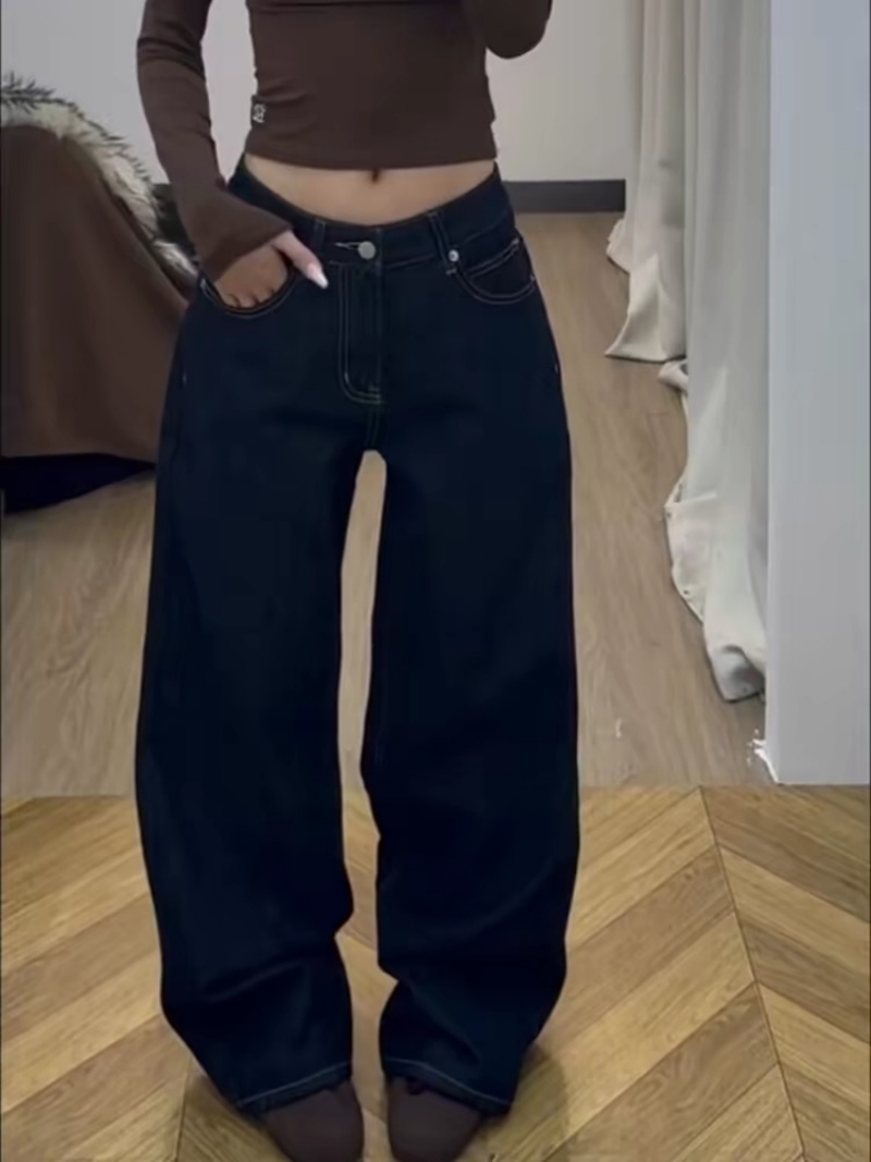 春夏美式復古字母刺繡彎刀牛仔褲女2026新款寬松顯瘦垂感闊腿長褲