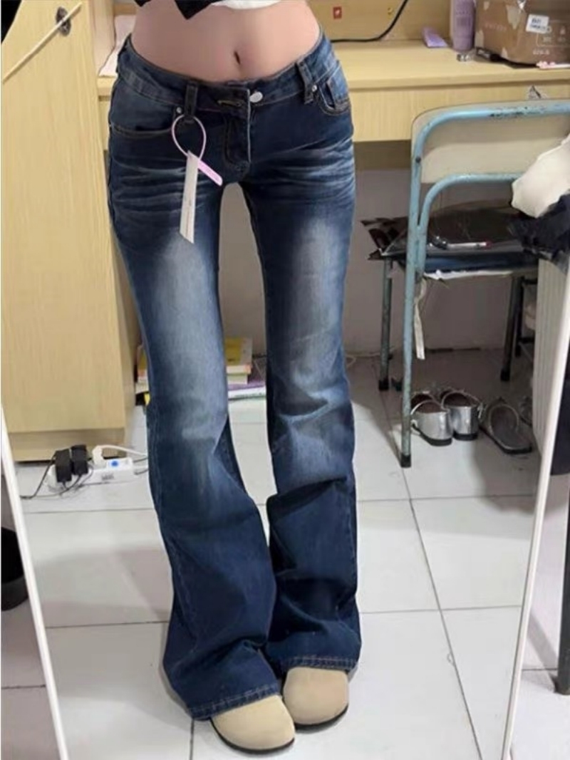 春夏美式復古水洗低腰微喇叭牛仔褲女新款加絨彈力修身顯瘦馬蹄褲