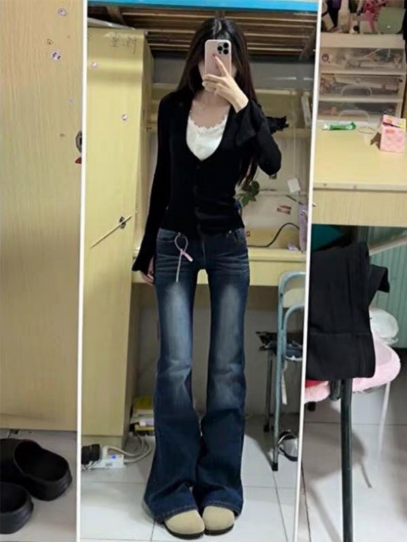 春夏美式復古水洗低腰微喇叭牛仔褲女新款加絨彈力修身顯瘦馬蹄褲