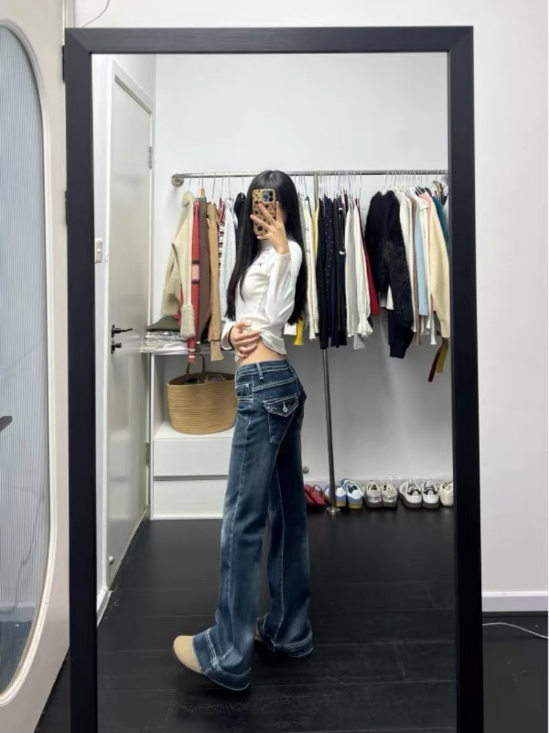 春夏美式復古水洗低腰微喇叭牛仔褲女新款加絨彈力修身顯瘦馬蹄褲