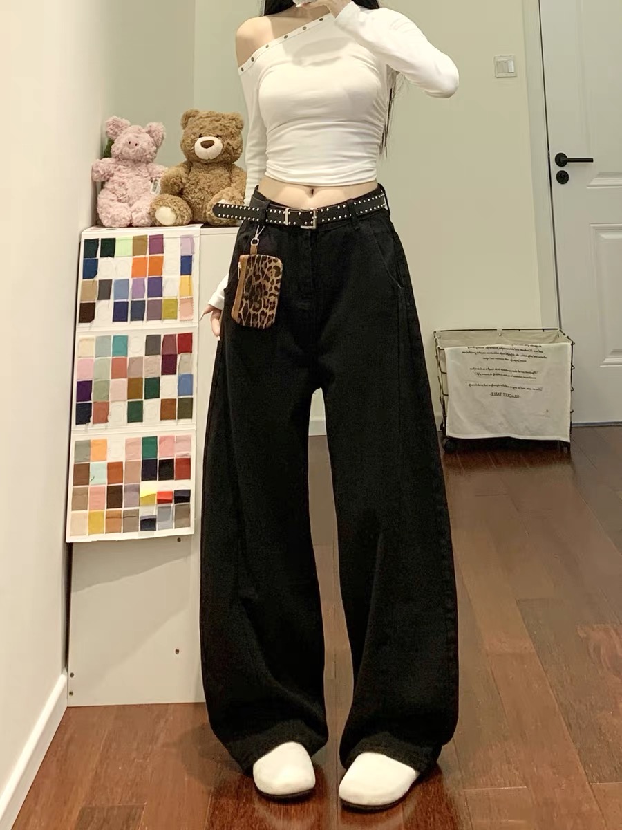 美式復古字母花朵刺繡彎刀牛仔褲女夏季低腰寬松顯瘦垂感闊腿褲子