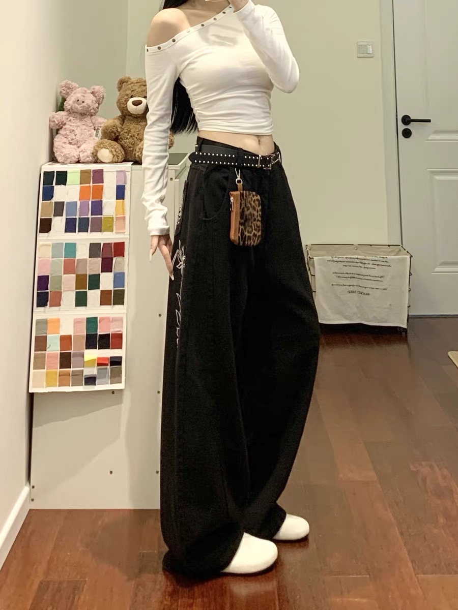 美式復古字母花朵刺繡彎刀牛仔褲女夏季低腰寬松顯瘦垂感闊腿褲子