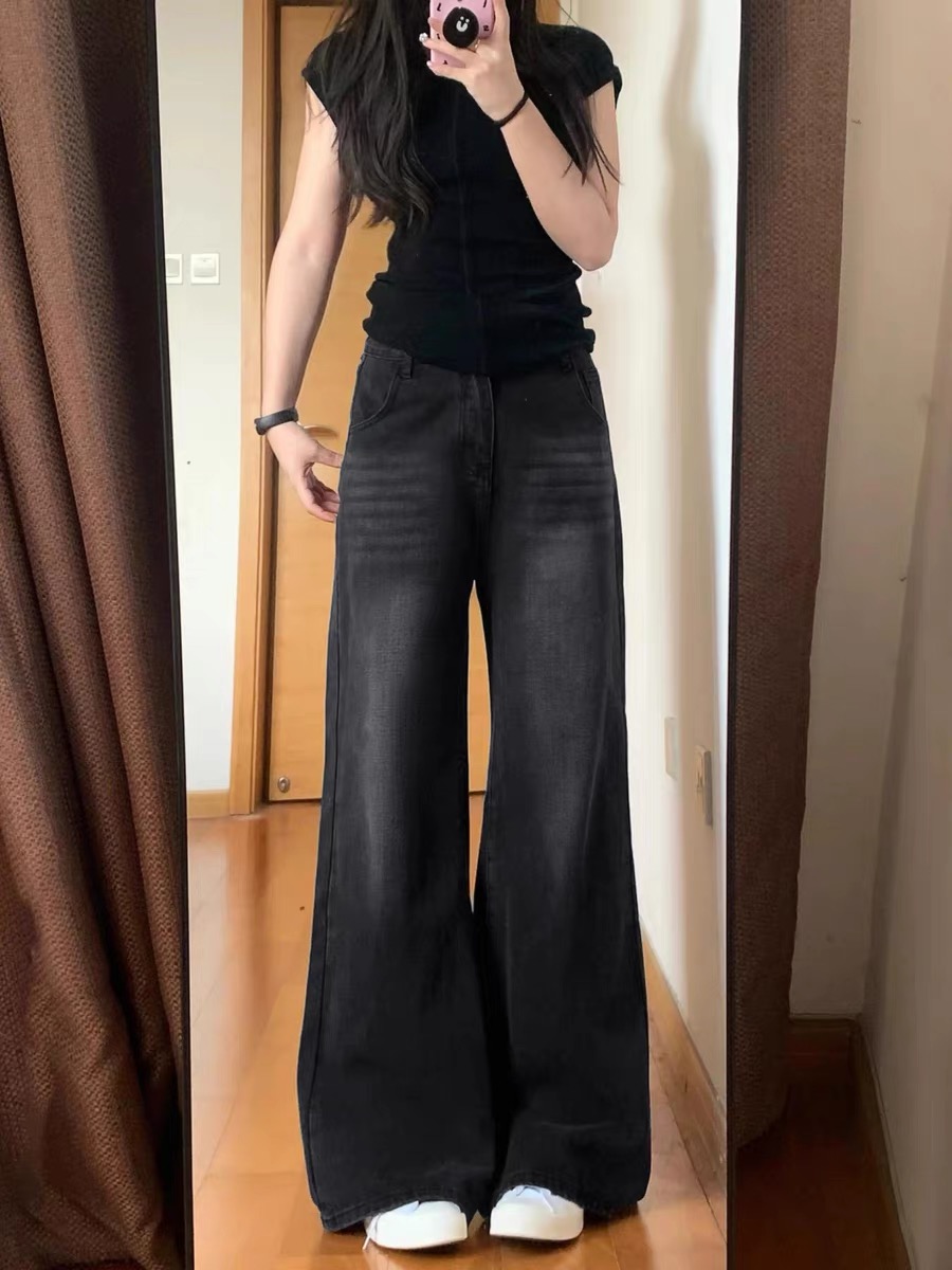 春夏新款黑灰色闊腿牛仔褲女高腰寬松顯瘦梨形身材直筒拖地褲