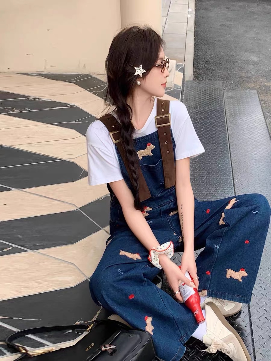 春夏臘腸小狗刺繡牛仔背帶褲女新款設計感寬松顯瘦闊腿拖地連體褲