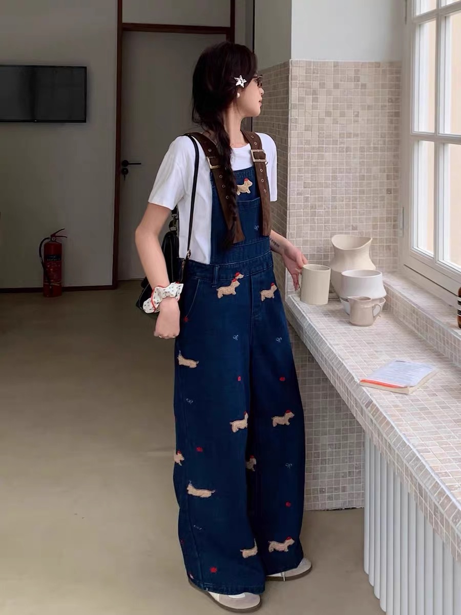 春夏臘腸小狗刺繡牛仔背帶褲女新款設計感寬松顯瘦闊腿拖地連體褲
