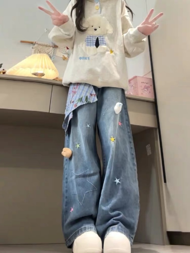 春夏美式復古星星刺繡方巾闊腿牛仔褲女新款寬松顯瘦直筒拖地褲子