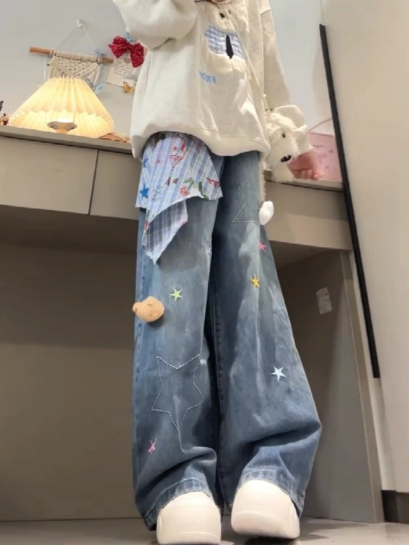 春夏美式復古星星刺繡方巾闊腿牛仔褲女新款寬松顯瘦直筒拖地褲子