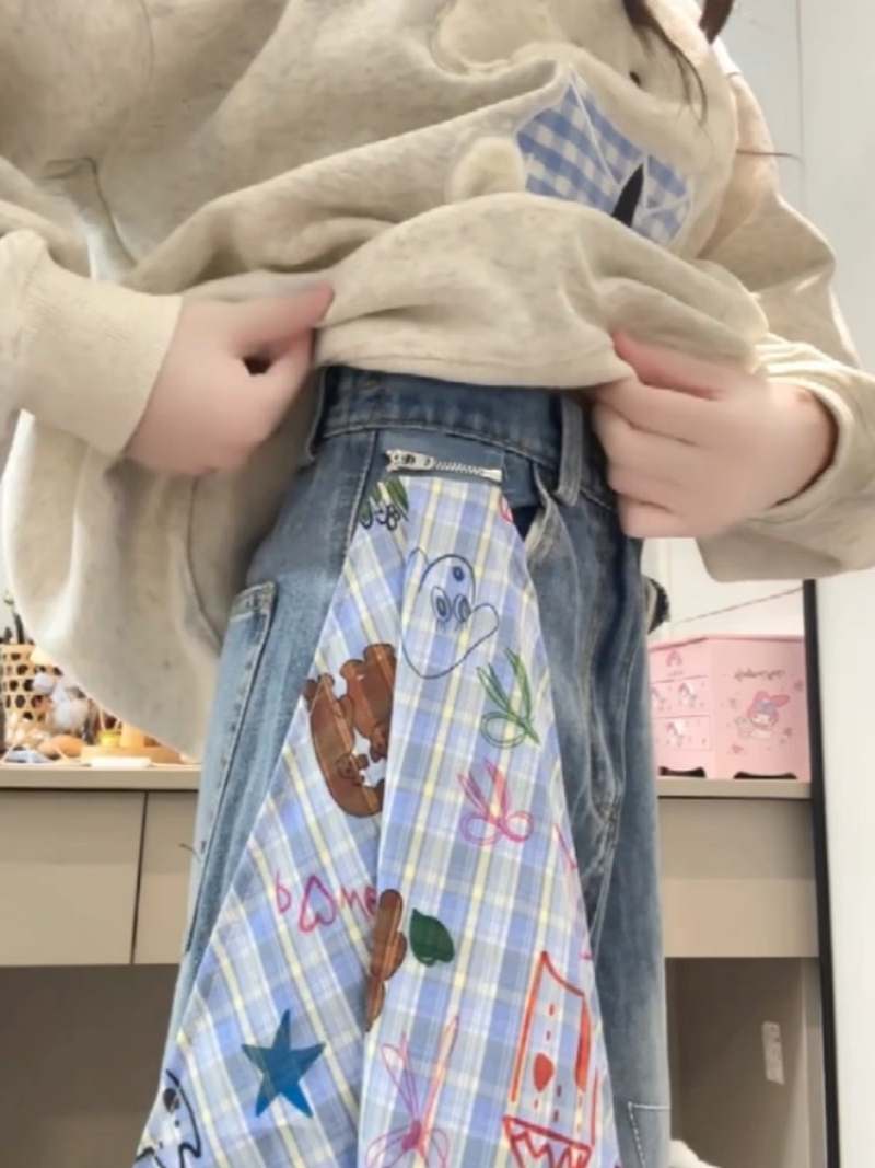 春夏美式復古星星刺繡方巾闊腿牛仔褲女新款寬松顯瘦直筒拖地褲子