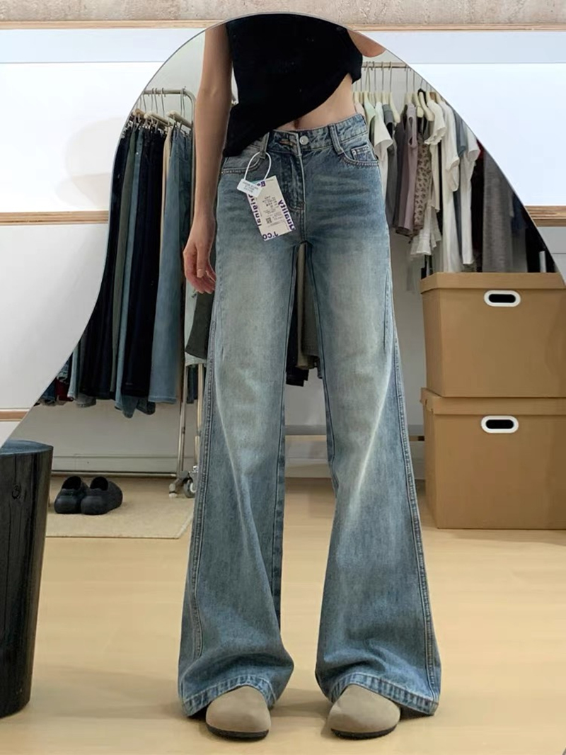 春夏新款美式復古微喇牛仔褲女新款低腰設計感顯瘦不貼腿喇叭褲子