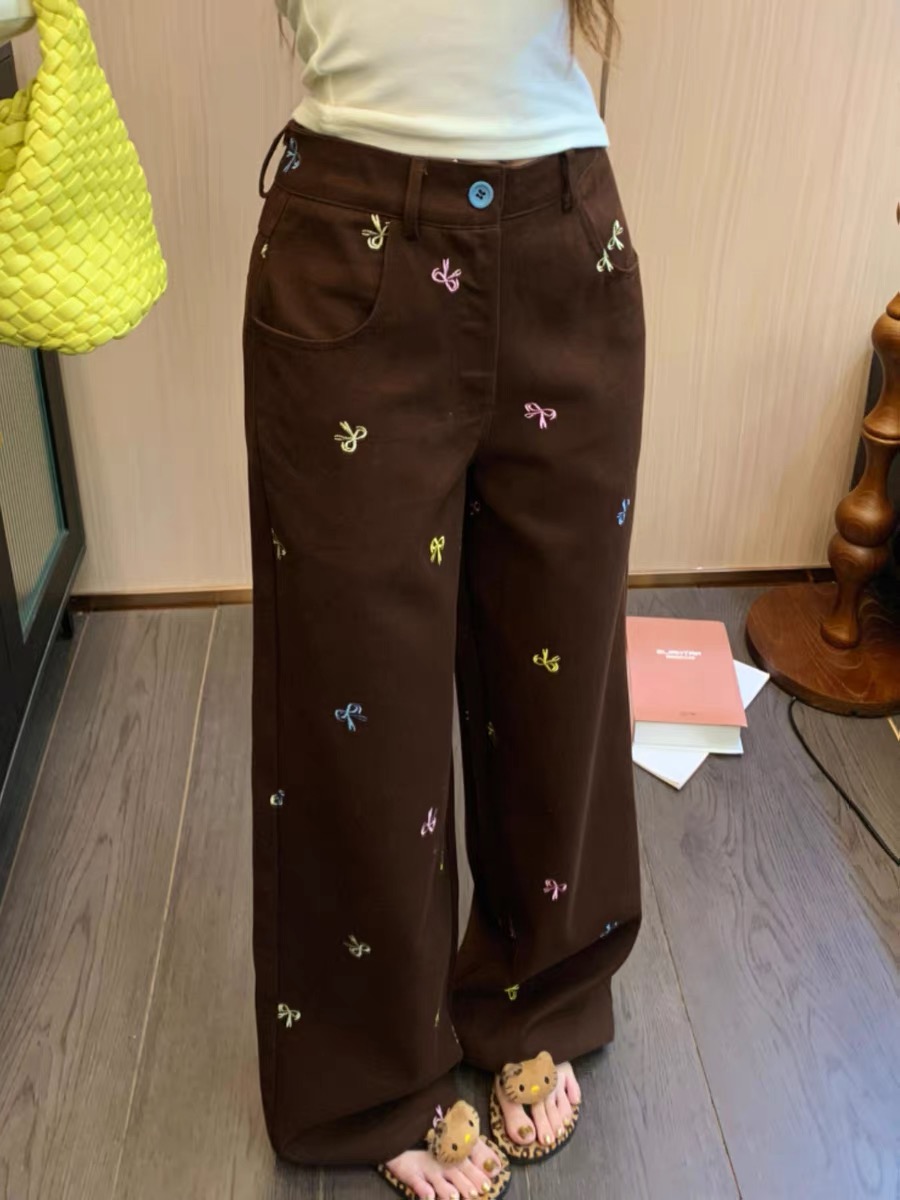春夏新款美德拉咖色復古蝴蝶結刺繡牛仔褲女寬松顯瘦直筒闊腿長褲