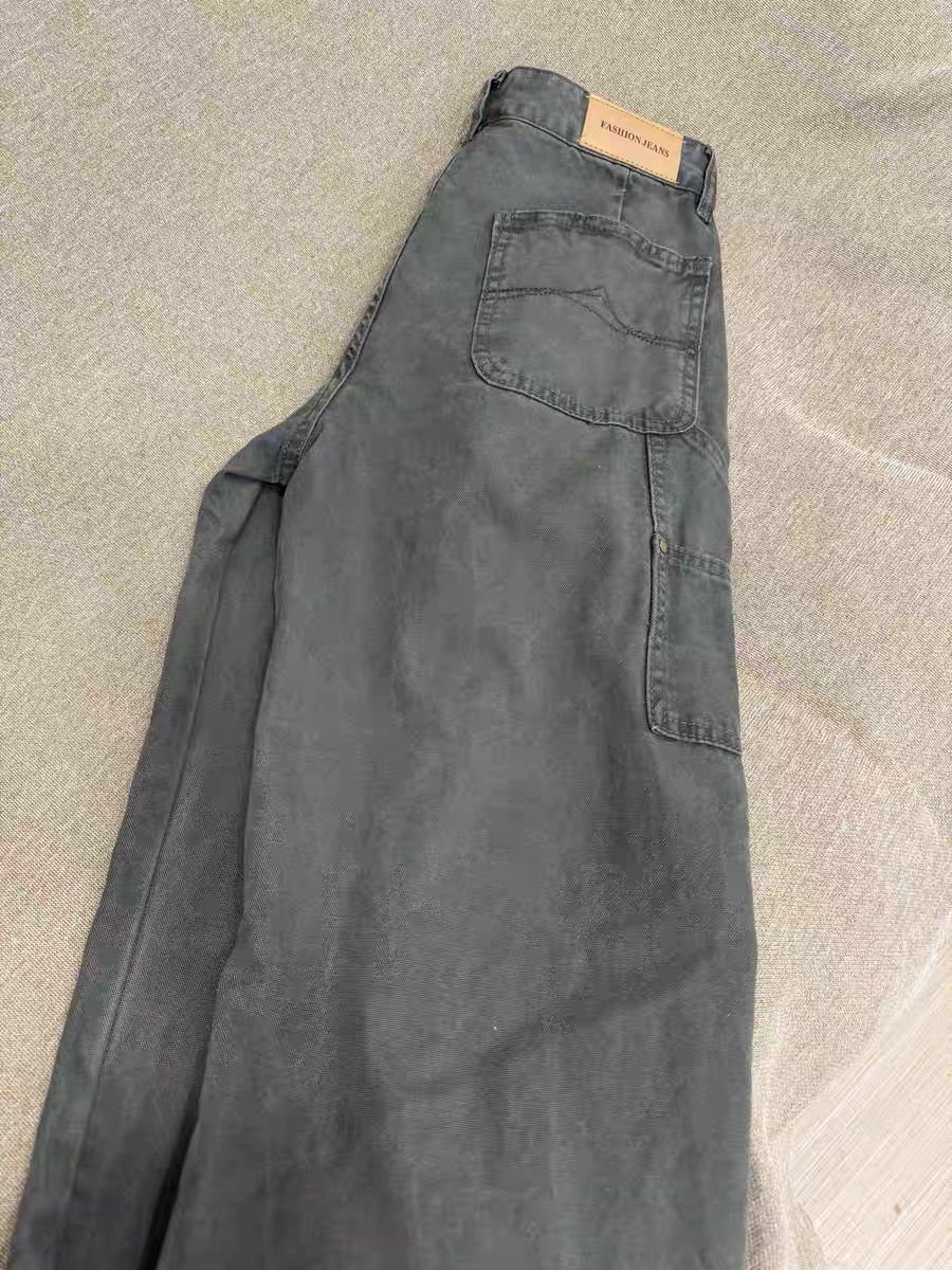 春夏新款美式軍綠色工裝褲多口袋復古休閑闊腿寬松直筒微喇牛仔褲