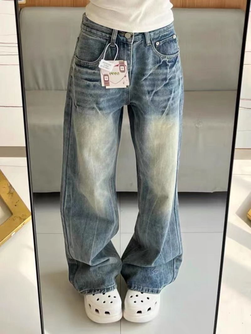 春夏新款美式復古水洗折痕牛仔褲女小眾寬松顯瘦直筒闊腿長褲