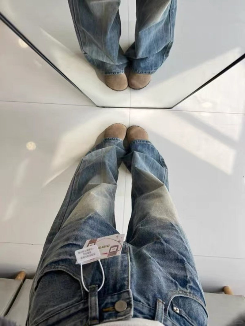 春夏新款美式復古水洗折痕牛仔褲女小眾寬松顯瘦直筒闊腿長褲