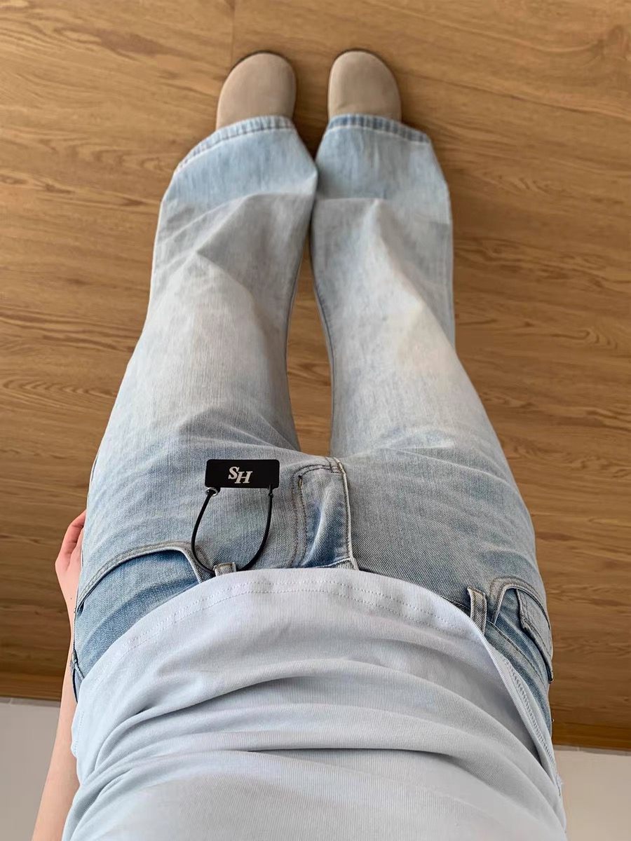 春夏新款淺藍色不貼腿微喇牛仔褲女高腰顯瘦喇叭闊腿馬蹄拖地褲子