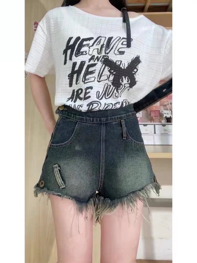春夏設計感側邊拉鏈毛邊牛仔短褲女辣妹高腰a字熱褲腿套兩件套裝