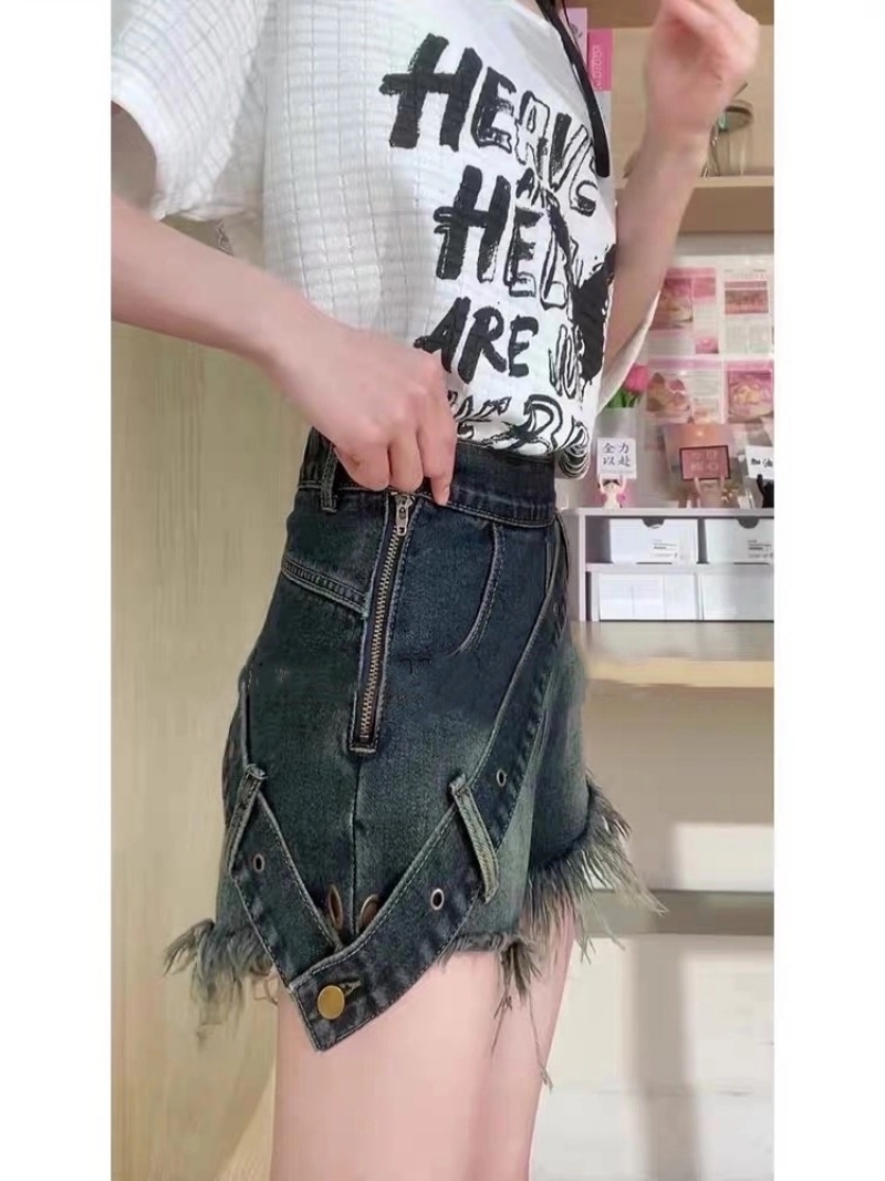 春夏設計感側邊拉鏈毛邊牛仔短褲女辣妹高腰a字熱褲腿套兩件套裝
