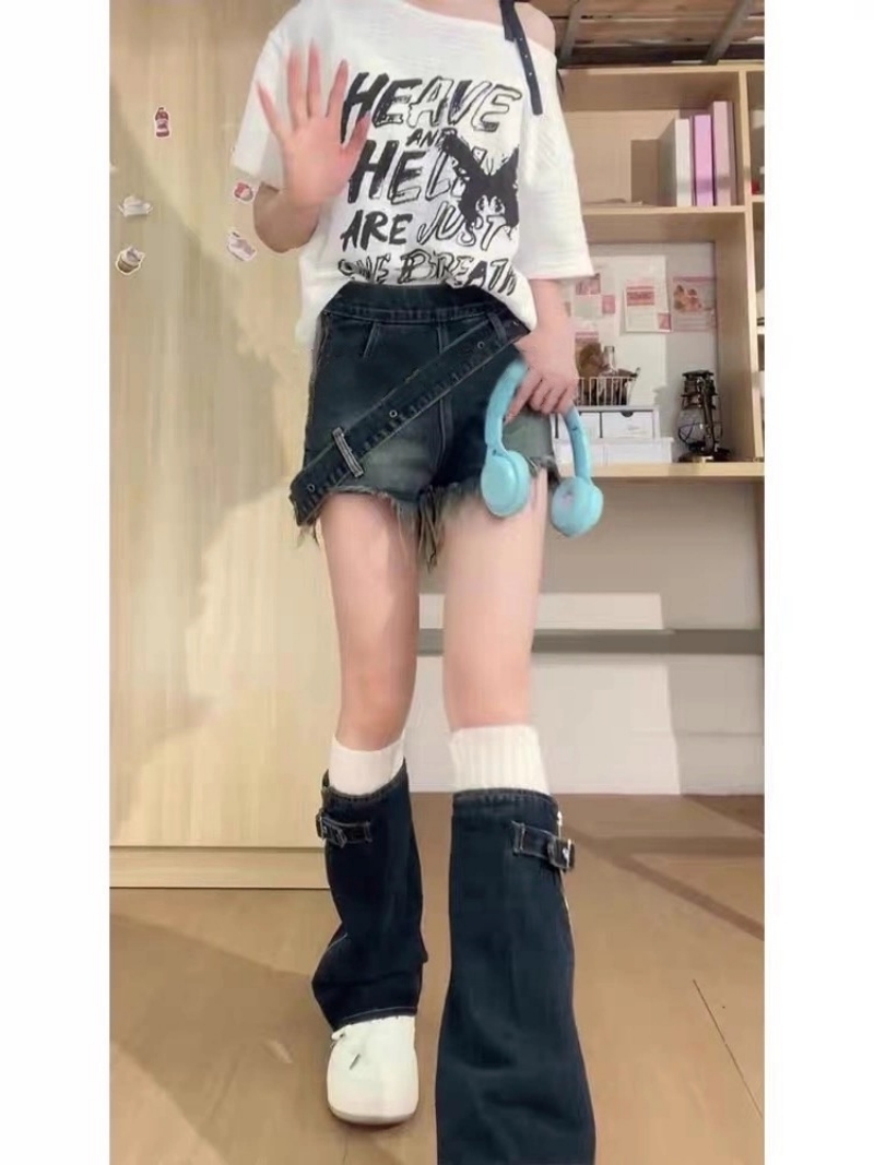 春夏設計感側邊拉鏈毛邊牛仔短褲女辣妹高腰a字熱褲腿套兩件套裝