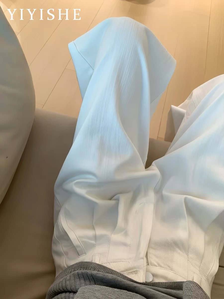 春夏白色高腰褶皺闊腿牛仔褲女新款肌理感寬松顯瘦垂感直筒褲