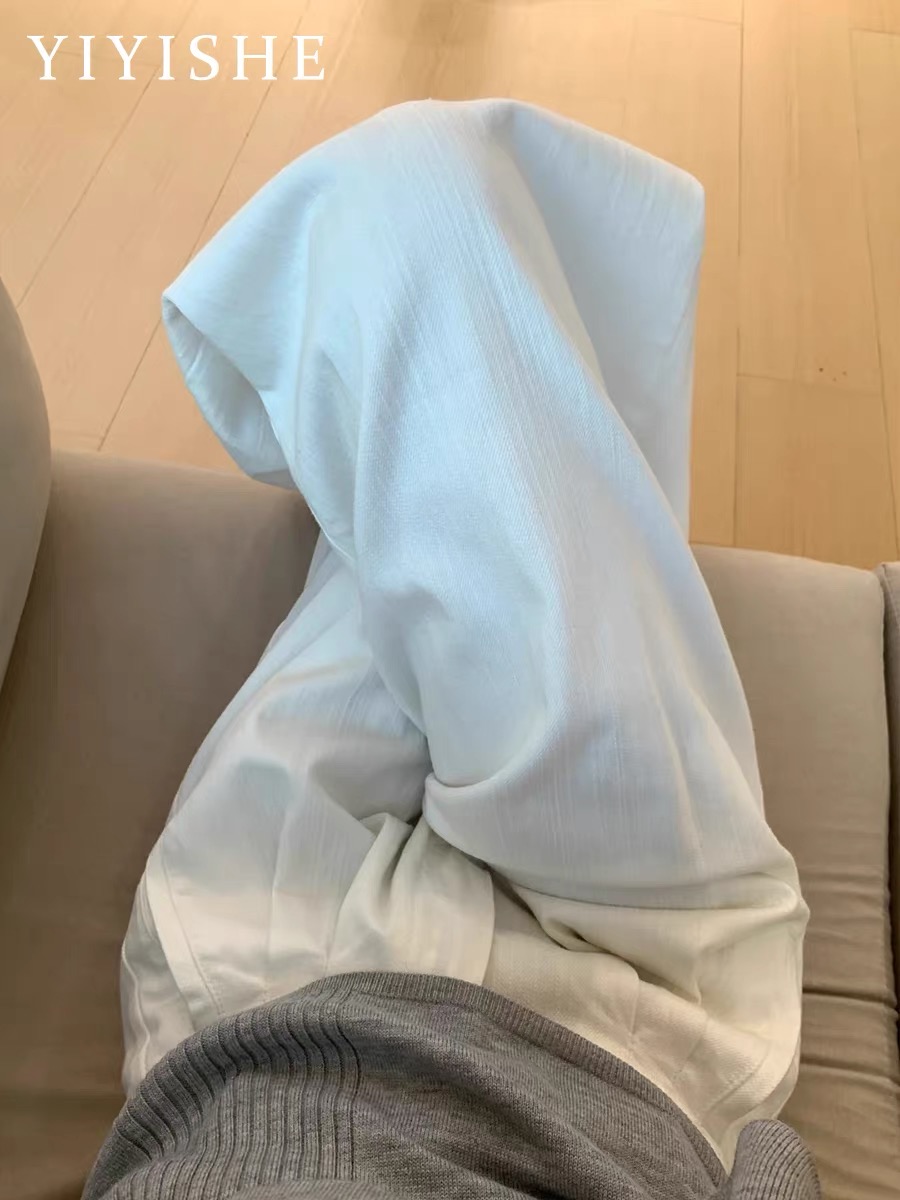 春夏白色高腰褶皺闊腿牛仔褲女新款肌理感寬松顯瘦垂感直筒褲