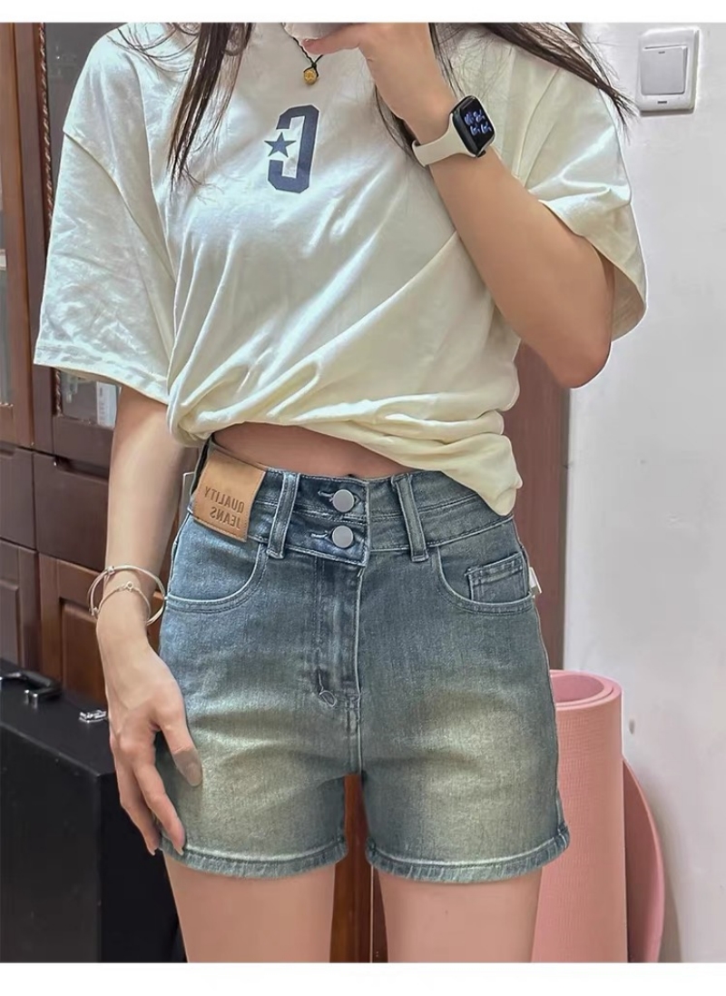春夏新款復古彈力牛仔短褲女高腰顯瘦直筒梨型身材a字熱褲子