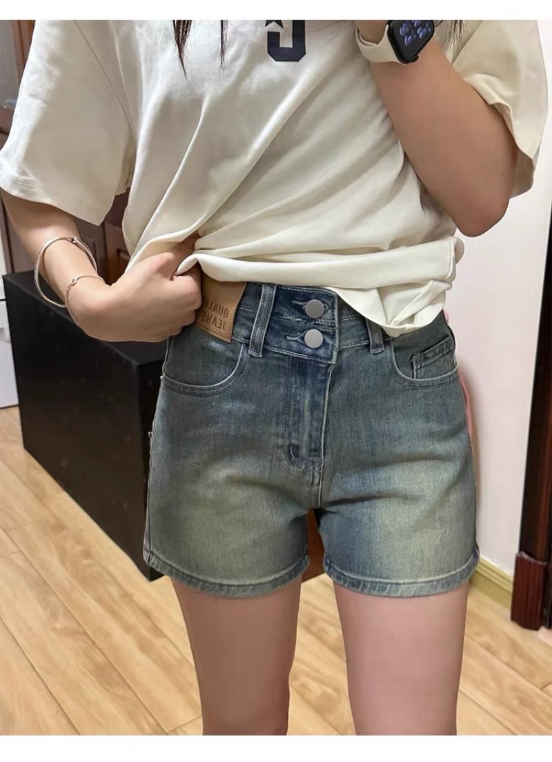 春夏新款復古彈力牛仔短褲女高腰顯瘦直筒梨型身材a字熱褲子