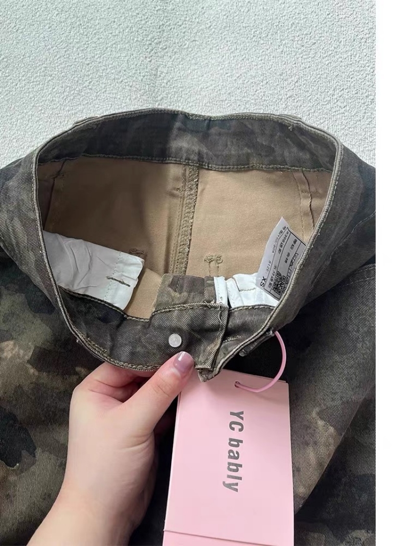 春夏大碼胖mm迷彩工裝牛仔短褲女多口袋寬松顯瘦直筒闊腿五分褲子