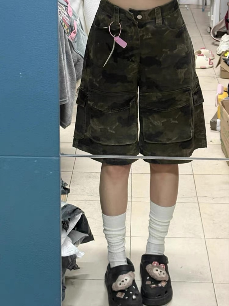 春夏大碼胖mm迷彩工裝牛仔短褲女多口袋寬松顯瘦直筒闊腿五分褲子