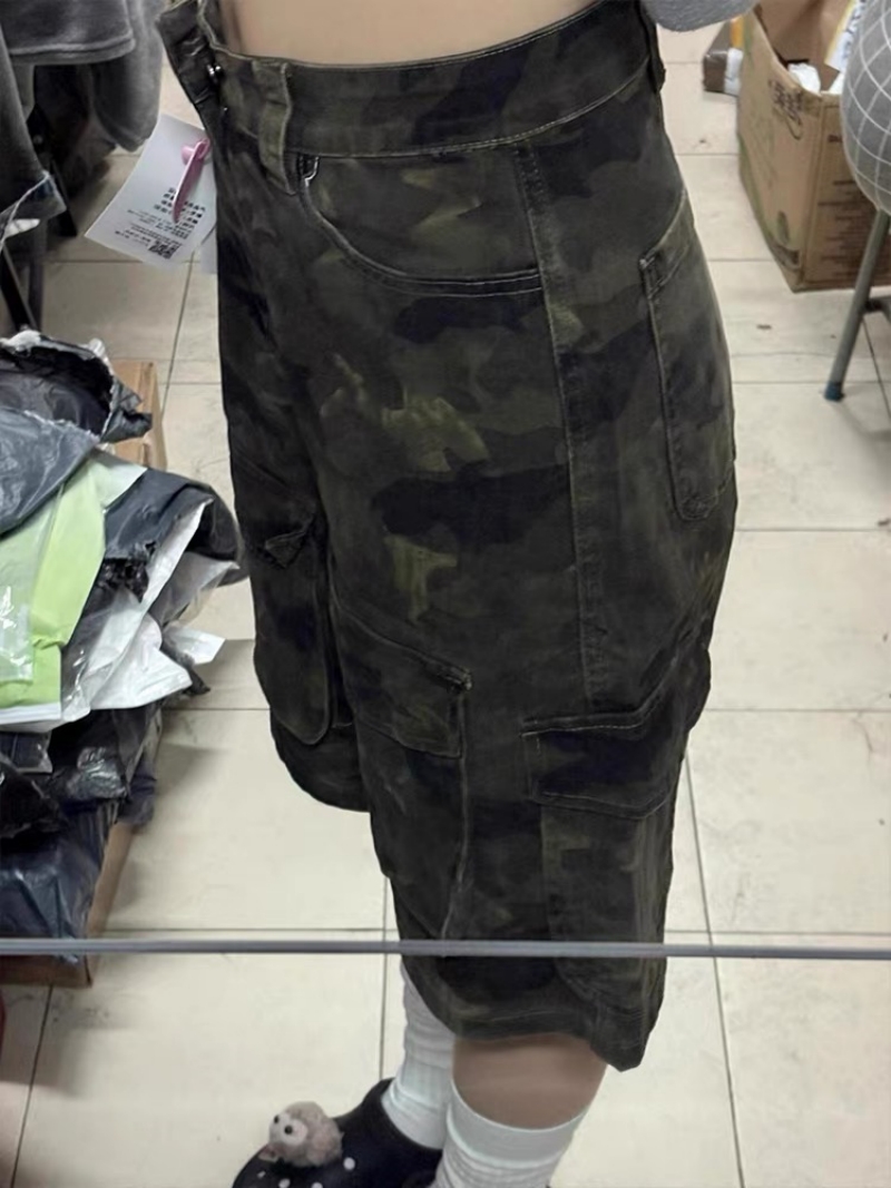 春夏大碼胖mm迷彩工裝牛仔短褲女多口袋寬松顯瘦直筒闊腿五分褲子